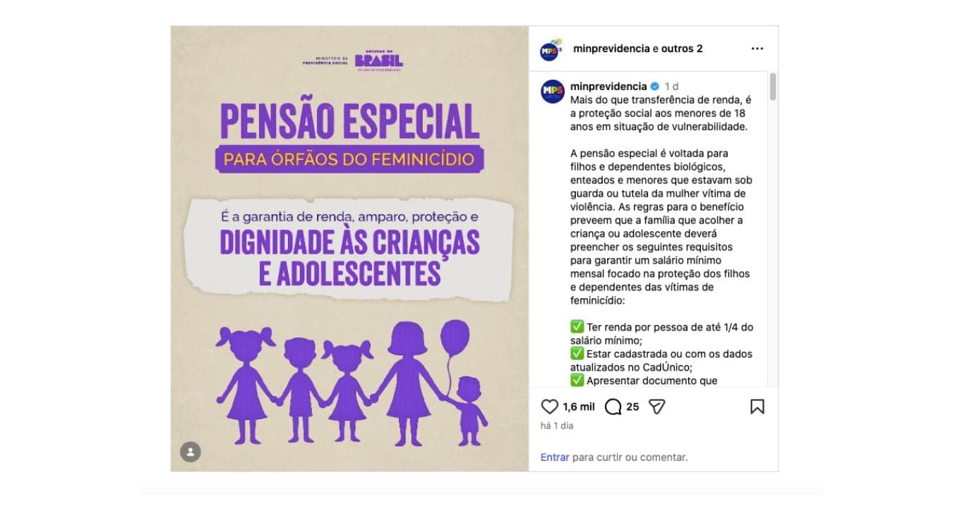 Comunicado do INSS sobre pensão especial para órfãos do feminicídio (Foto: Reprodução / Instagram) Comunicado do INSS sobre pensão especial para órfãos do feminicídio (Foto: Reprodução / Instagram)