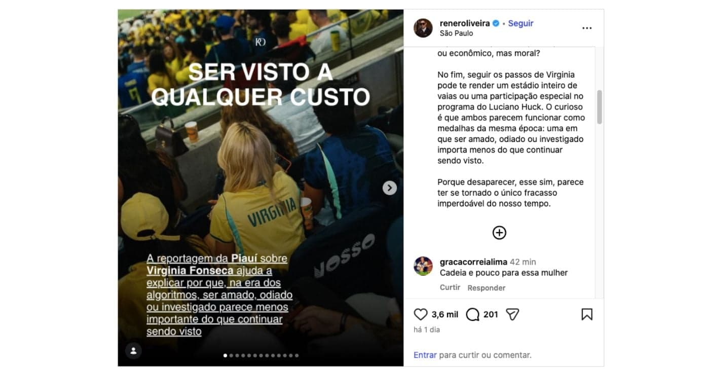 Publicação de Rener Oliveira envolvendo Virginia Fonseca
