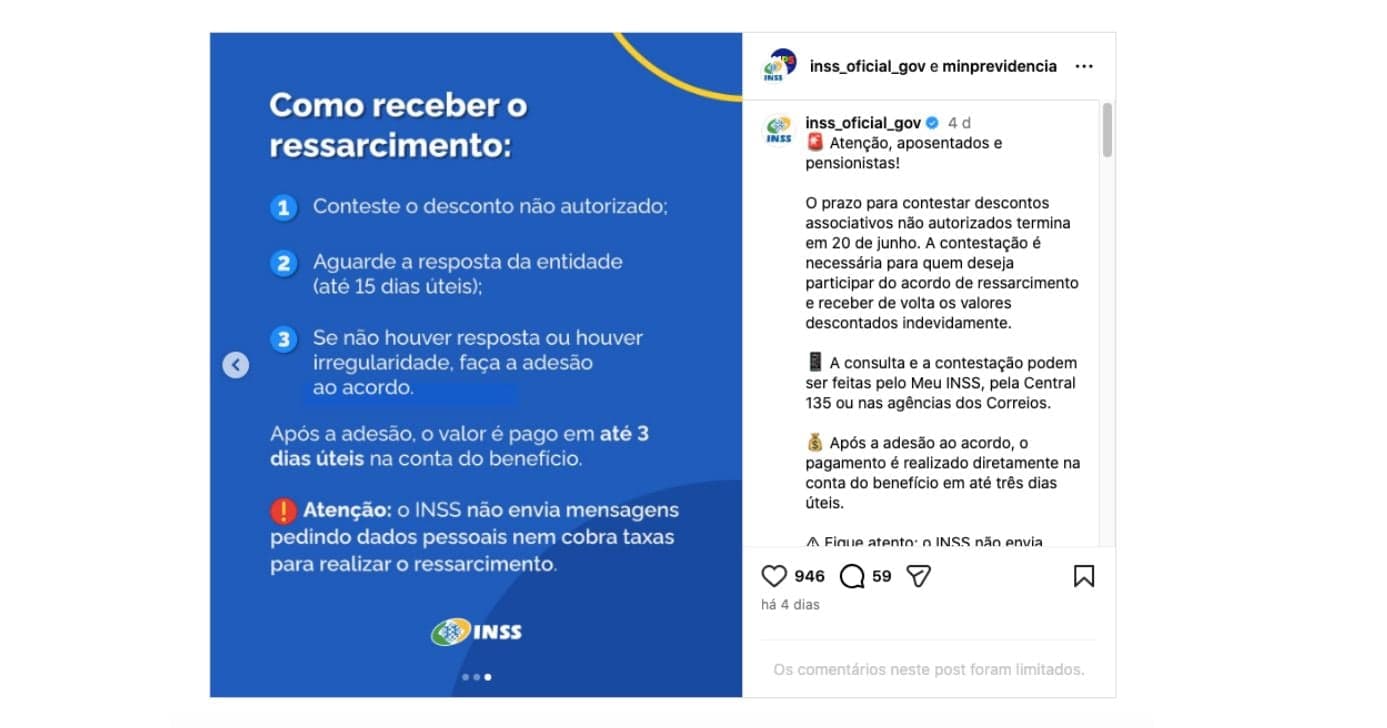 Publicação do INSS sobre ressarcimento (Foto: Reprodução / Instagram) 