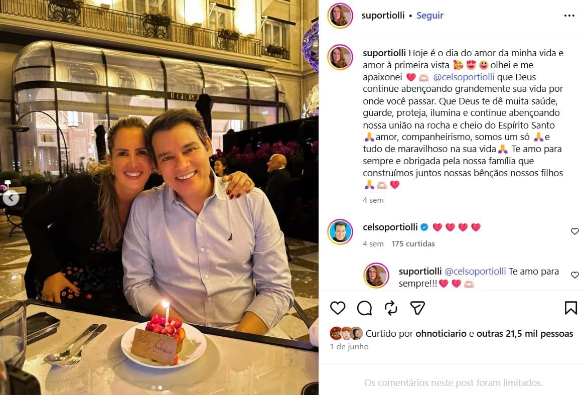 Celso Portiolli ganhou declaração da esposa, Suzana Marchi (Foto: Reprodução/ Instagram)