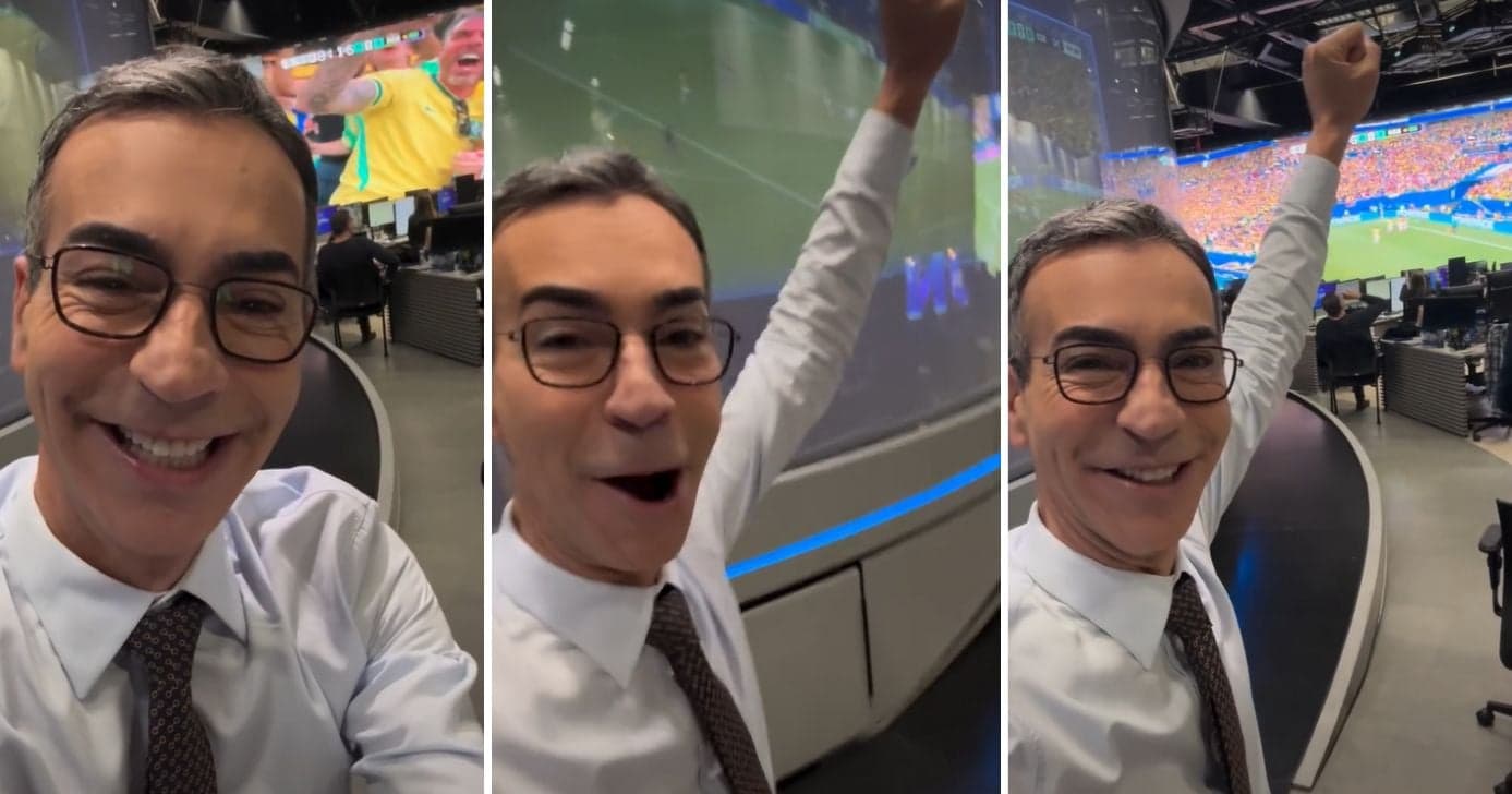César Tralli surge exaltado em vídeo nos bastidores do JN (Fotos: Reprodução / Instagram)
