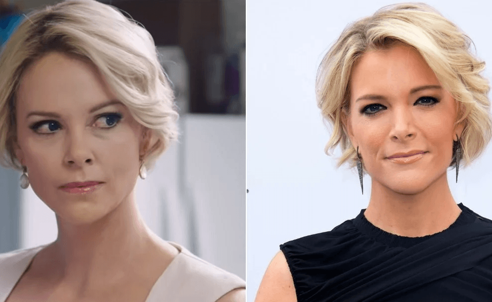 Charlize Theron (à esq.) no trailer de O Escândalo, no qual interpreta a jornalista Megyn Kelly (à dir.) (Fotos: Reprodução / NBC) Charlize Theron (à esq.) no trailer de O Escândalo, no qual interpreta a jornalista Megyn Kelly (à dir.) (Fotos: Reprodução / NBC)