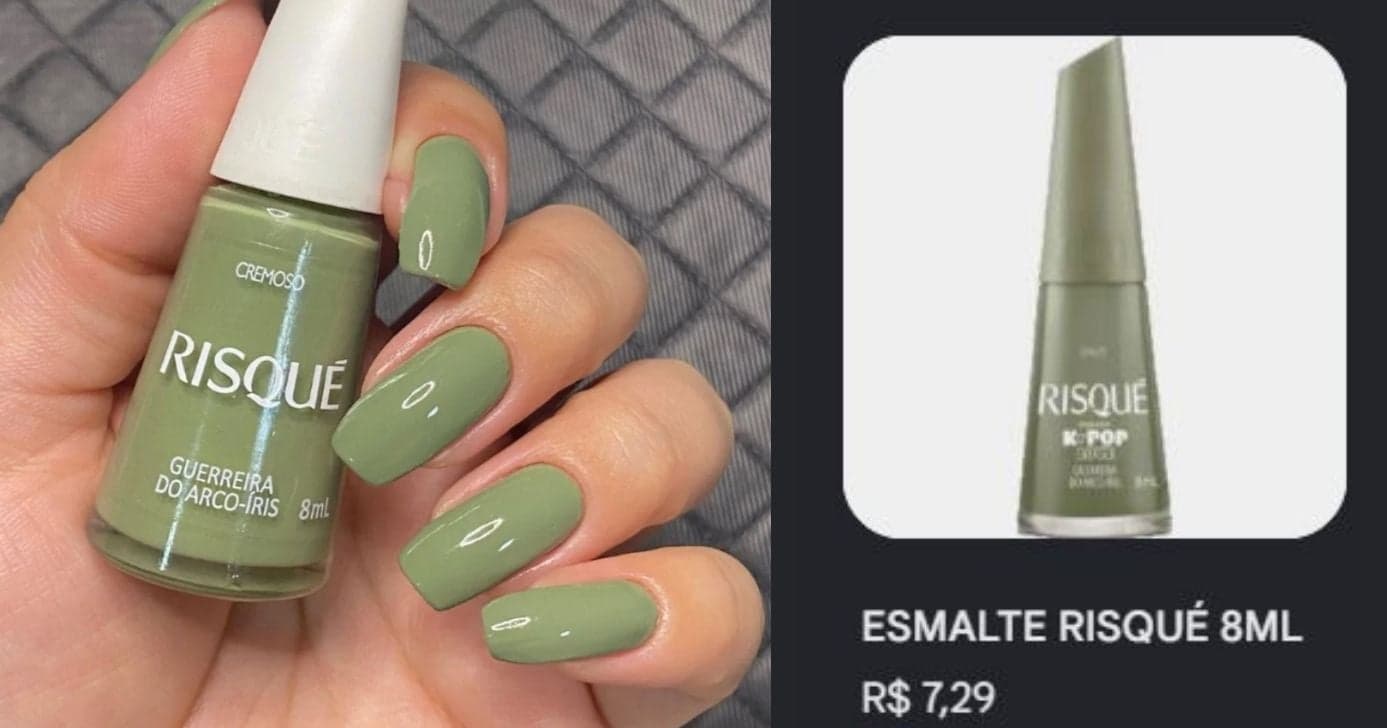 Opção de esmalte verde oliva da marca Risqué (Foto Reprodução/Montagem/Lennita/TV Foco/Canva/Google Shopping) Opção de esmalte verde oliva da marca Risqué (Foto Reprodução/Montagem/Lennita/TV Foco/Canva/Google Shopping)