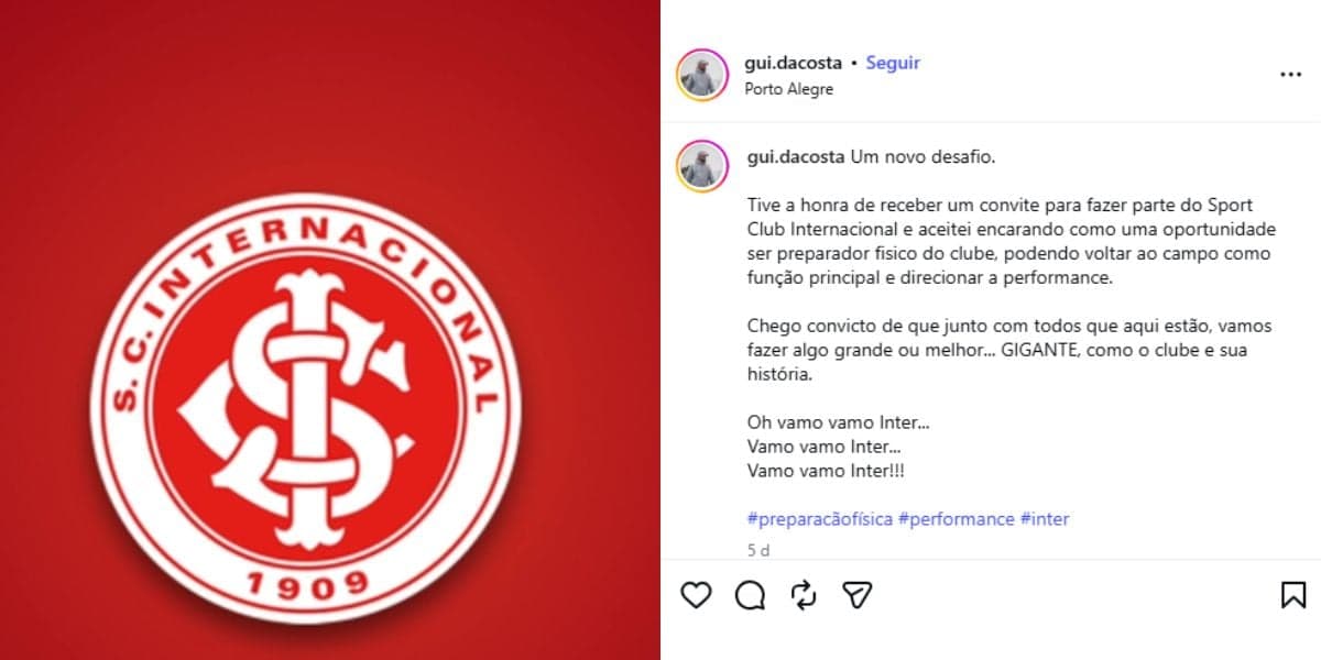 Guilherme da Costa é o novo reforço do Internacional (Reprodução: Instagram)