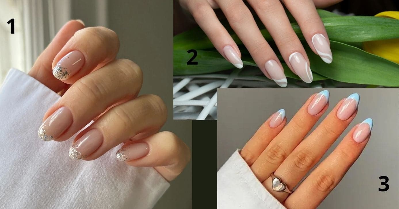 Imagem 1 - Milky Nails com brilho/ Imagem 2 - Com formas geométricas/Imagem 3 - Francesinha repaginada (Foto Reprodução/Montagem/Lennita/TV Foco/Pinterest)