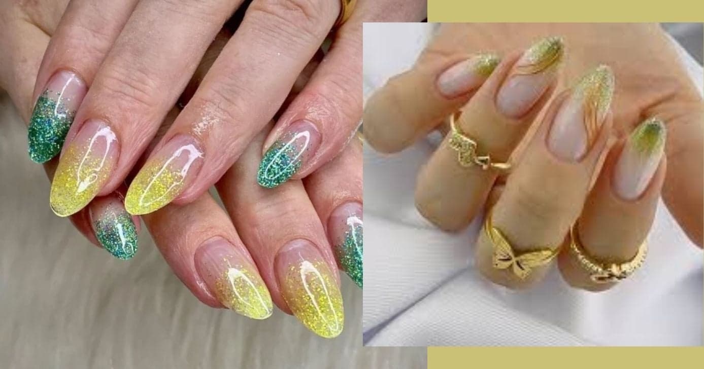 Ombré nails com brilho com as cores do Brasil (Foto Reprodução/Montagem/Lennita/TV Foco/Pinterest/Intagram)