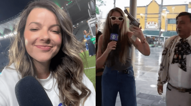 A repórter Sofia Arruda Miranda, da GE TV, que pertence ao Grupo Globo, pegou uma arma ao vivo (Foto: Reprodução / X)
A repórter Sofia Arruda Miranda, da GE TV, que pertence ao Grupo Globo, pegou uma arma ao vivo (Foto: Reprodução / X)