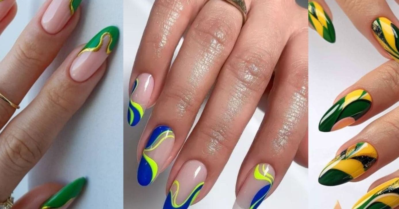 Técnica Swirl Nails formando ondas abstratas com as cores do Brasil (Foto Reprodução/Montagem/Lennita/TV Foco/Pinterest)