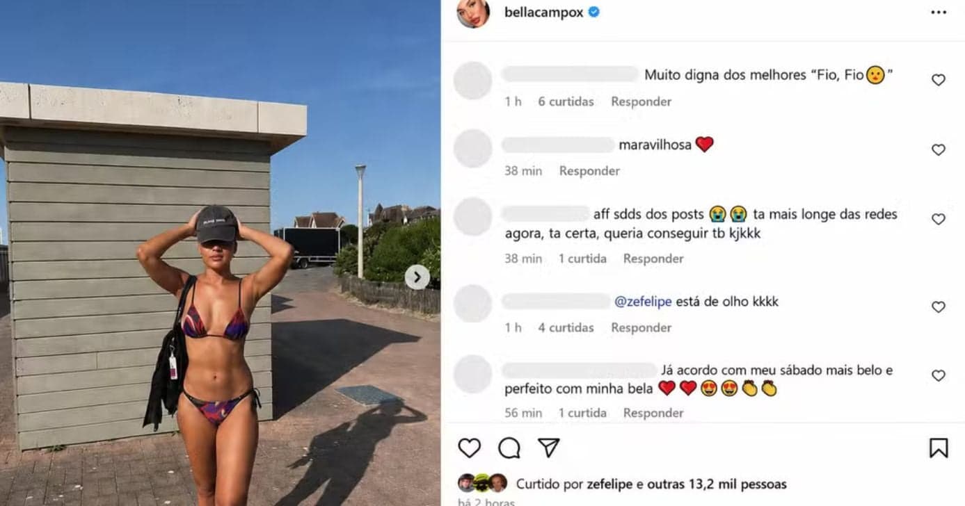 Bella Campos exibe abdômen trincado de biquíni na praia e curtida de Zé Felipe chama atenção (Foto: Reprodução/Instagram)