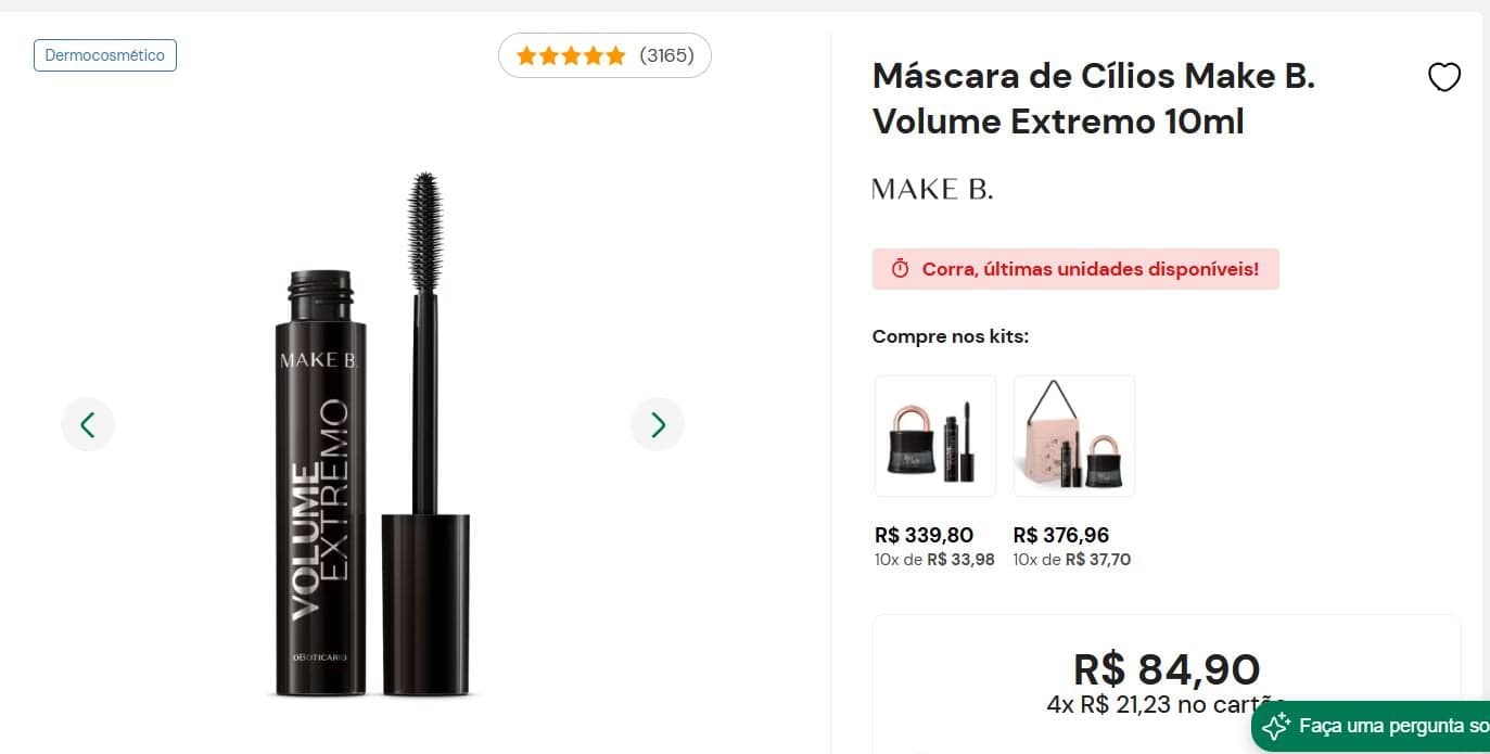 Média de valores da máscara no site oficial da marca (Foto Reprodução/Boticário)
