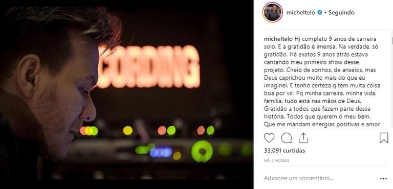 Michel Teló comemora nove anos de carreira (Foto: Reprodução/Instagram) Michel Teló comemora nove anos de carreira (Foto: Reprodução/Instagram)