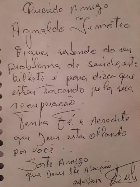 Bilhete escrito por Lula para o amigo, o cantor Agnaldo Timóteo (Foto: Reprodução) Bilhete escrito por Lula para o amigo, o cantor Agnaldo Timóteo (Foto: Reprodução)