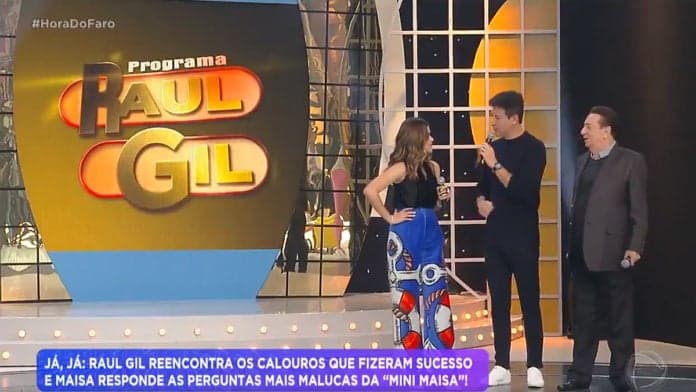 Maisa, Rodrigo Faro e Raul Gil no Hora do Faro (Reprodução/Record TV). Maisa, Rodrigo Faro e Raul Gil no Hora do Faro (Reprodução/Record TV).