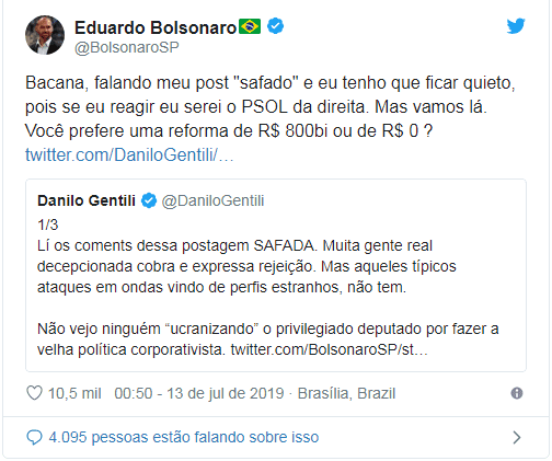 Eduardo Bolsonaro responde a críticas de Danilo Gentili Eduardo Bolsonaro responde a críticas de Danilo Gentili