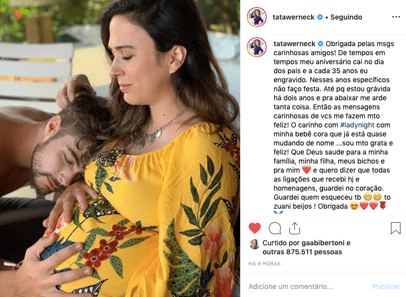 Tata Werneck agradeceu as mensagens recebidas em seu aniversário e confessou que pretende mudar o nome da filha. Foto: reprodução/Instagram Tata Werneck agradeceu as mensagens recebidas em seu aniversário e confessou que pretende mudar o nome da filha. Foto: reprodução/Instagram