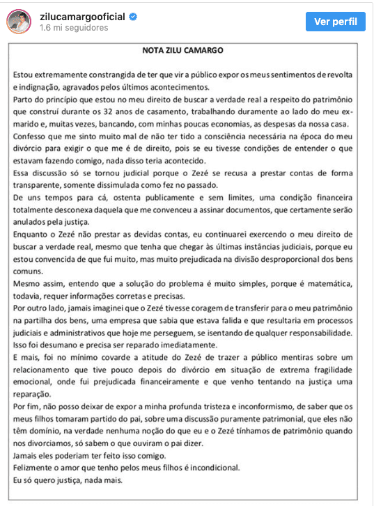 Zilu publicou um comunicado oficial em sua conta do Instagram. Foto: Reprodução/Instagram Zilu publicou um comunicado oficial em sua conta do Instagram. Foto: Reprodução/Instagram