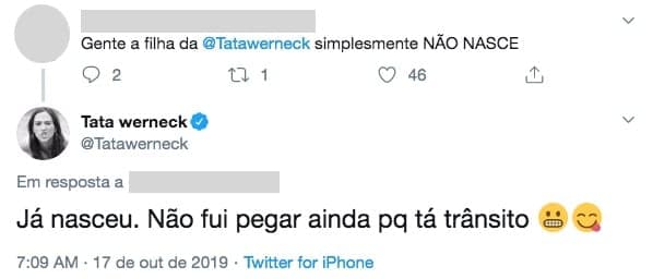 Tata Werneck dá resposta atravessada em internauta que reclamou sobre a demora do nascimento de sua filha. Foto: Reprodução Tata Werneck dá resposta atravessada em internauta que reclamou sobre a demora do nascimento de sua filha. Foto: Reprodução