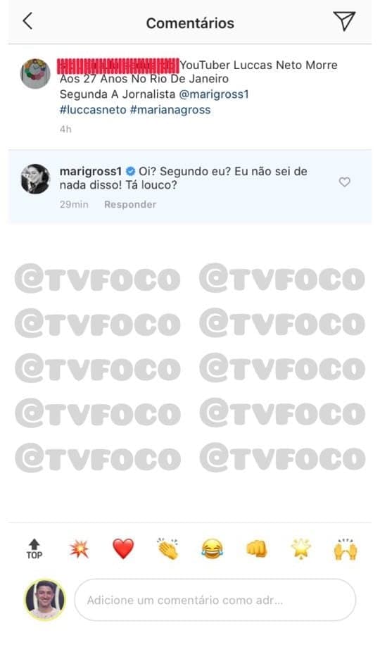 Mariana Gross desmente acusação de ter anunciado a morte de Luccas Neto (Reprodução: Instagram) Mariana Gross desmente acusação de ter anunciado a morte de Luccas Neto (Reprodução: Instagram)