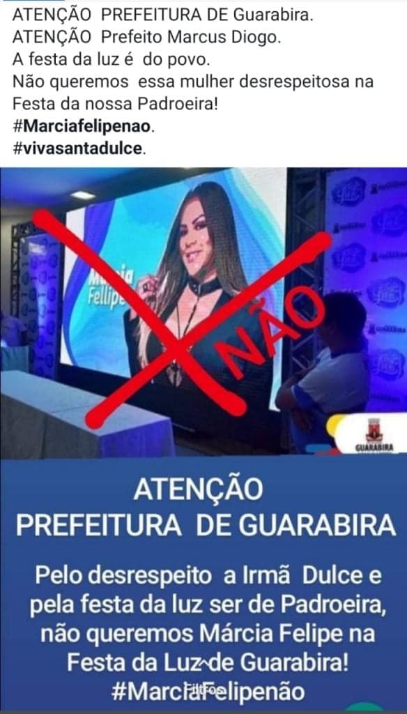 Publicação feita por internautas contra Márcia Fellipe (Imagem: Reprodução) Publicação feita por internautas contra Márcia Fellipe (Imagem: Reprodução)