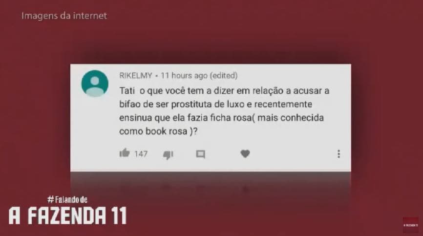 Tati Dias responde sobre a acusação de Bifão ser garota de programa que fez em A Fazenda 11 (Reprodução: YouTube) Tati Dias responde sobre a acusação de Bifão ser garota de programa que fez em A Fazenda 11 (Reprodução: YouTube)