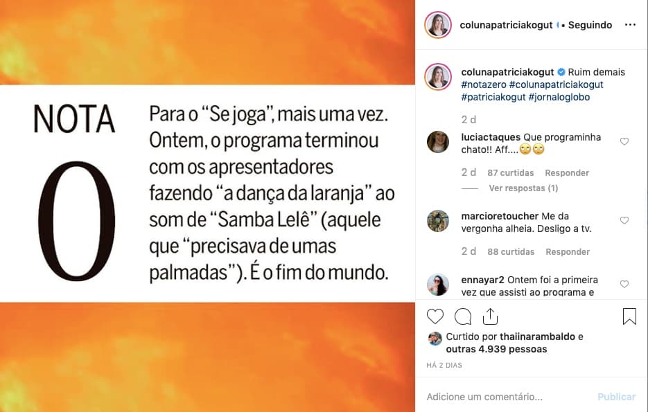Patrícia Kogut detona Se Joga, apresentado por Fernanda Gentil. Foto: Reprodução Patrícia Kogut detona Se Joga, apresentado por Fernanda Gentil. Foto: Reprodução