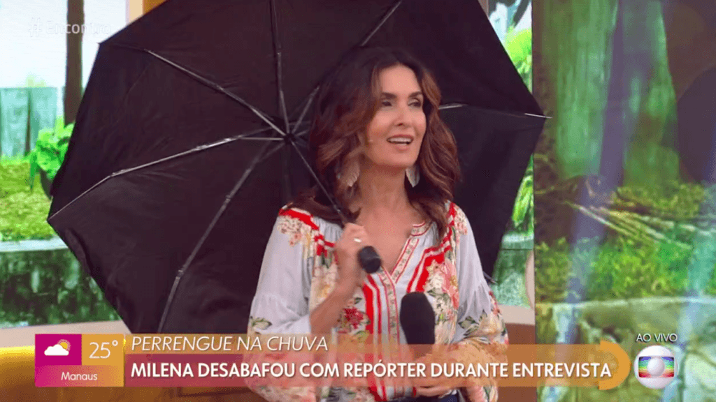 Fátima Bernardes enfrenta perrengue ao vivo no Encontro e usa guarda-chuva para continuar programa: "Desespero"
