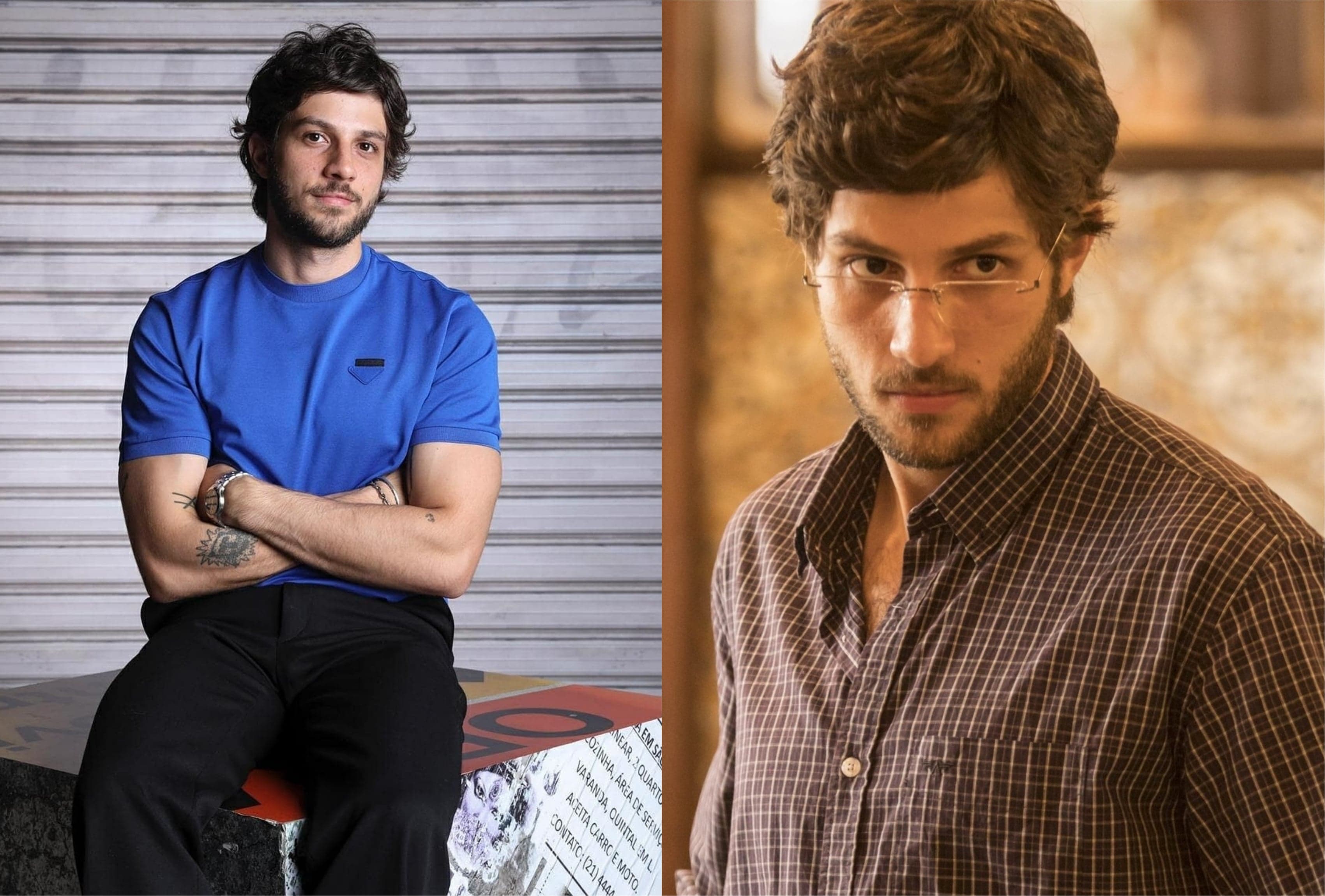 Chay Suede durante coletiva e caracterizado de Danilo em Amor de Mãe da Globo (Montagem: Adriel Marques/TV Foco) Chay Suede durante coletiva e caracterizado de Danilo em Amor de Mãe da Globo (Montagem: Adriel Marques/TV Foco)