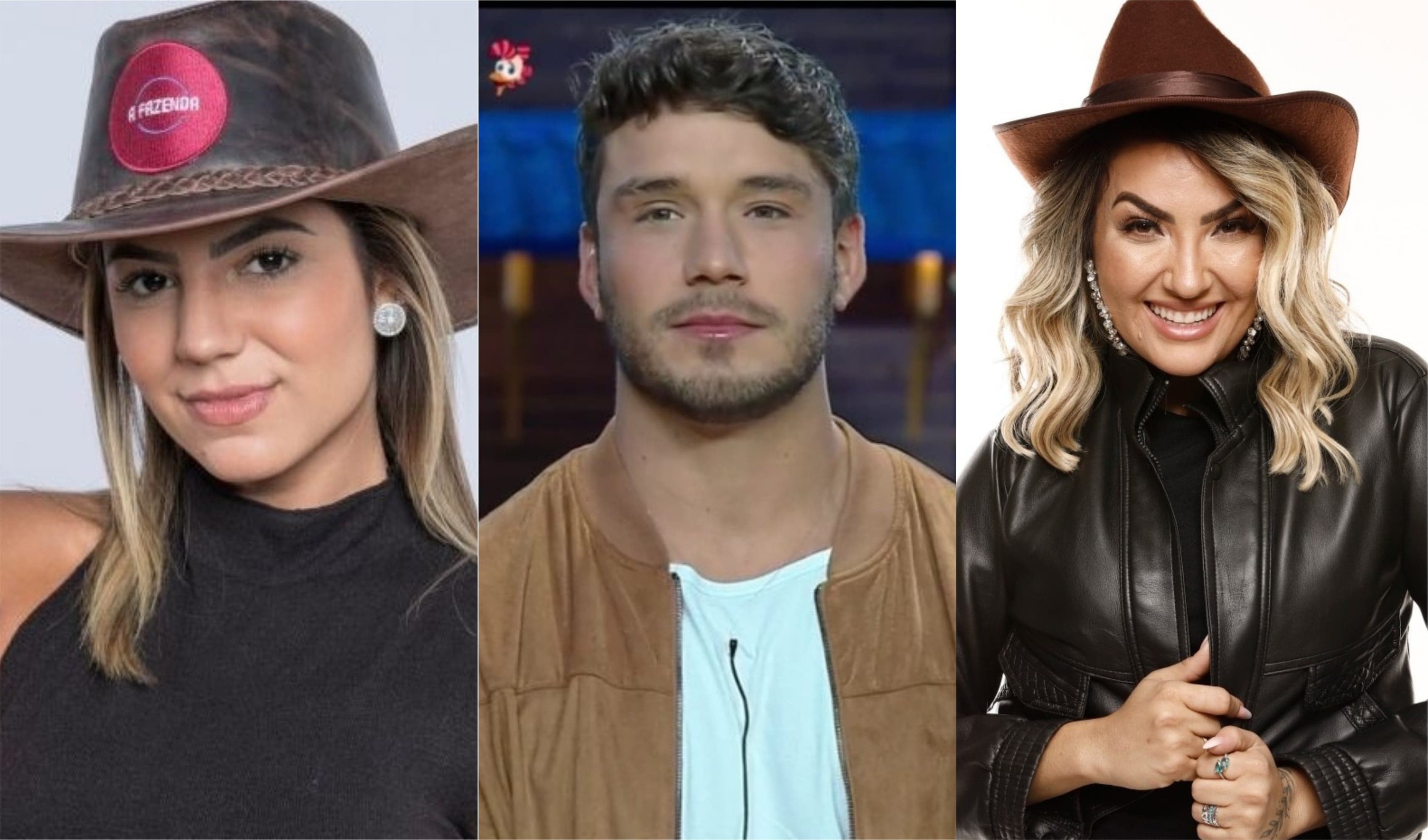 Hariany Almeida Lucas Viana e Thayse Teixeira se enfrentam na Roça de A Fazenda da Record (Montagem: TV Foco) Hariany Almeida Lucas Viana e Thayse Teixeira se enfrentam na Roça de A Fazenda da Record (Montagem: TV Foco)