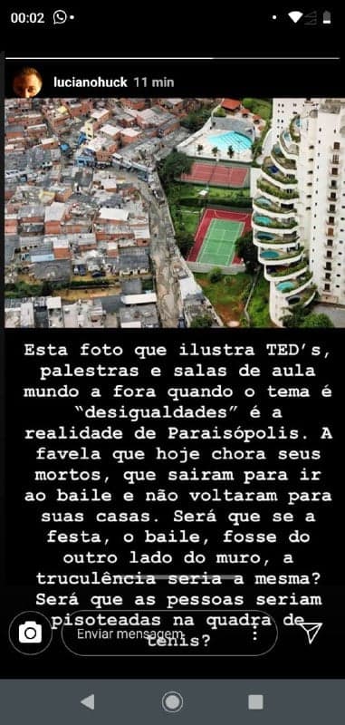 Luciano Huck mostrou a diferença entre a favela de Paraisópolis e o bairro do Morumbi em São Paulo, separados apenas por um muro Luciano Huck mostrou a diferença entre a favela de Paraisópolis e o bairro do Morumbi em São Paulo, separados apenas por um muro