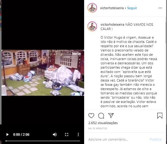 BBB 20: Família de Victor pede respeito à sexualidade do brother após ''zoeira'' de outros brothers (Foto: Reprodução) BBB 20: Família de Victor pede respeito à sexualidade do brother após ''zoeira'' de outros brothers (Foto: Reprodução)