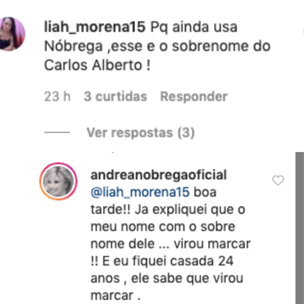 Andréa de Nóbrega respondeu comentário de seguidora (Foto: Reprodução / Instagram) Andréa de Nóbrega respondeu comentário de seguidora (Foto: Reprodução / Instagram)