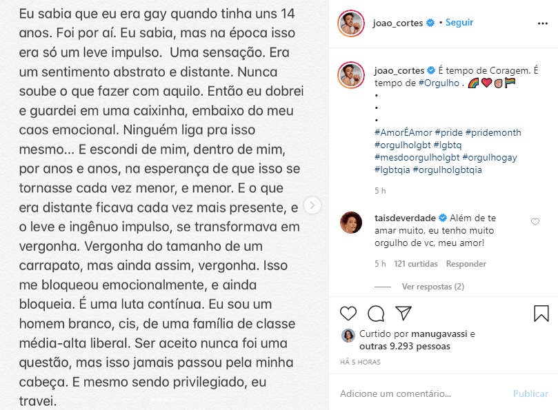 João Côrtes resolveu se assumir gay (Foto: Reprodução/ Instagram) João Côrtes resolveu se assumir gay (Foto: Reprodução/ Instagram)