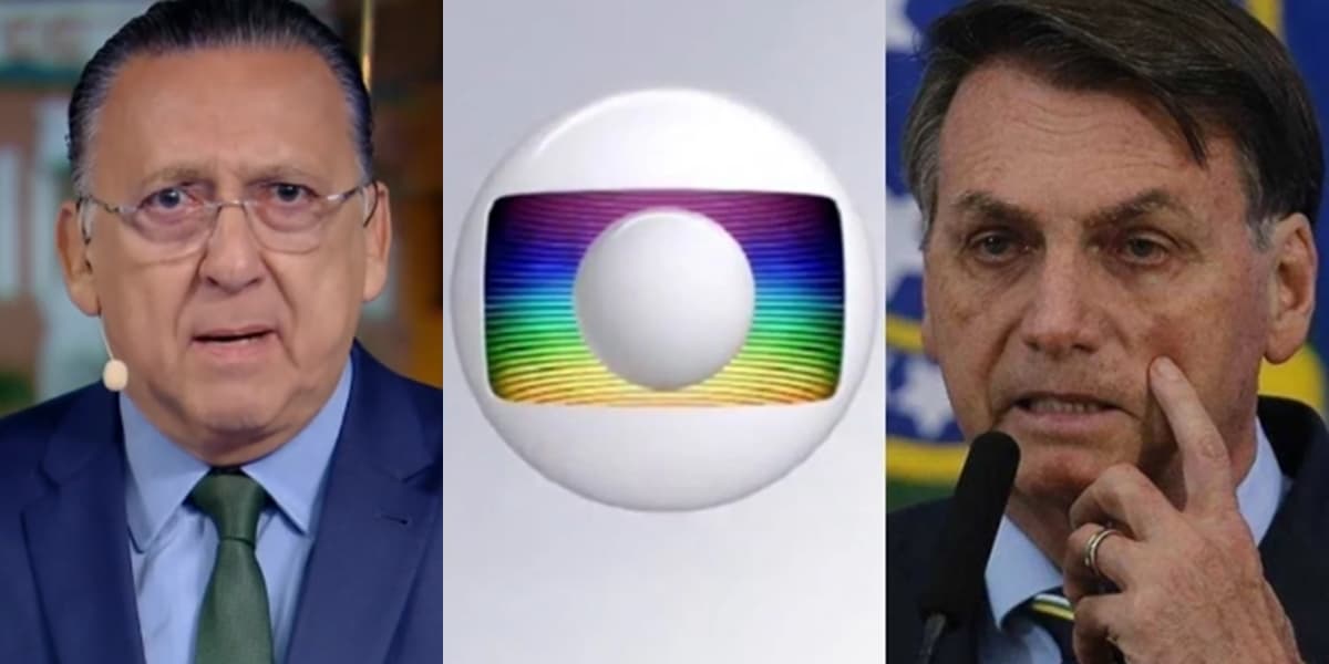 Galvão Bueno, principal nome do esporte da Globo, e o presidente Jair Bolsonaro; emissora promete acionar a Justiça por exclusividade do futebol (Foto: Reprodução/Globo) Galvão Bueno, principal nome do esporte da Globo, e o presidente Jair Bolsonaro; emissora promete acionar a Justiça por exclusividade do futebol (Foto: Reprodução/Globo)