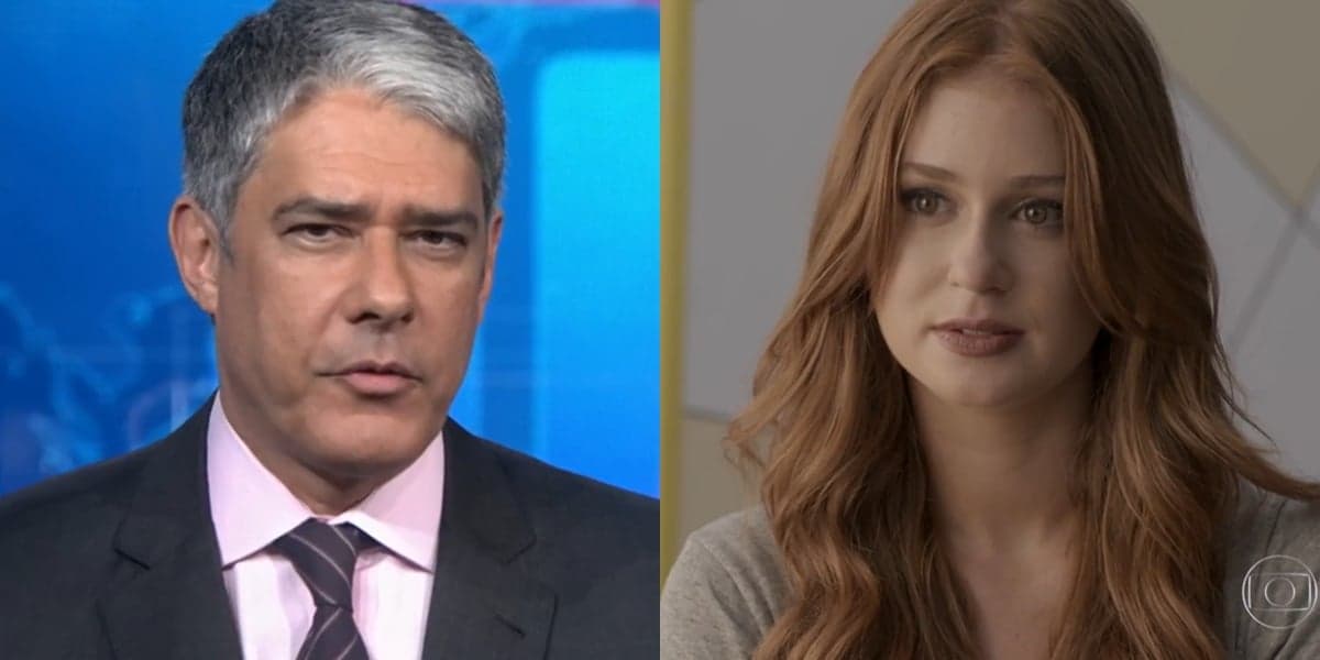 William Bonner no comando do Jornal Nacional e Marina Ruy Barbosa (Eliza) em Totalmente Demais; JN teve menos audiência que novela das sete (Foto: Reprodução/Globo) William Bonner no comando do Jornal Nacional e Marina Ruy Barbosa (Eliza) em Totalmente Demais; JN teve menos audiência que novela das sete (Foto: Reprodução/Globo)