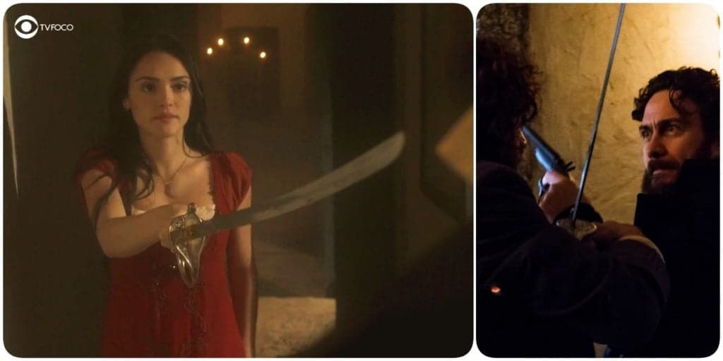 De um lado da fotomontagem, Anna, mulher branca, está com uma espada e vestido vermelho e do outro Thomas em um lugar iluminado por vela De um lado da fotomontagem, Anna, mulher branca, está com uma espada e vestido vermelho e do outro Thomas em um lugar iluminado por vela