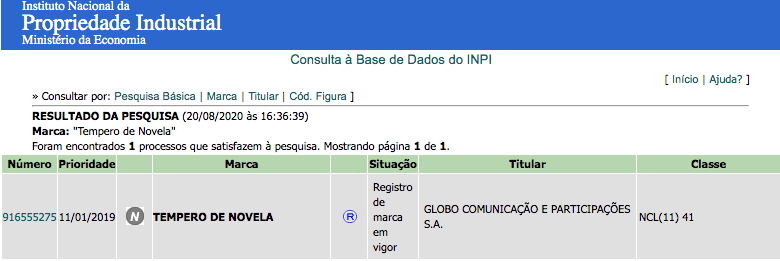 Registro da marca 'Tempero de Novela' no INPI (Foto: Reprodução) Registro da marca 'Tempero de Novela' no INPI (Foto: Reprodução)