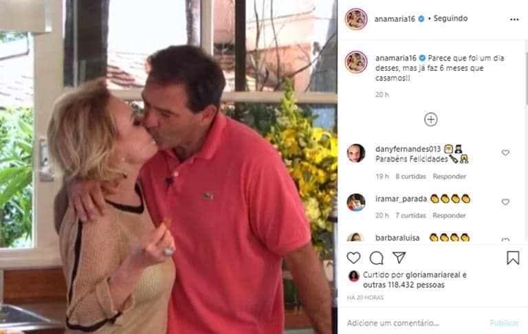 Ana Maria Braga mostra beijaço no marido para comemorar seis meses casada - (Reprodução/ Instagram) Ana Maria Braga mostra beijaço no marido para comemorar seis meses casada - (Reprodução/ Instagram)