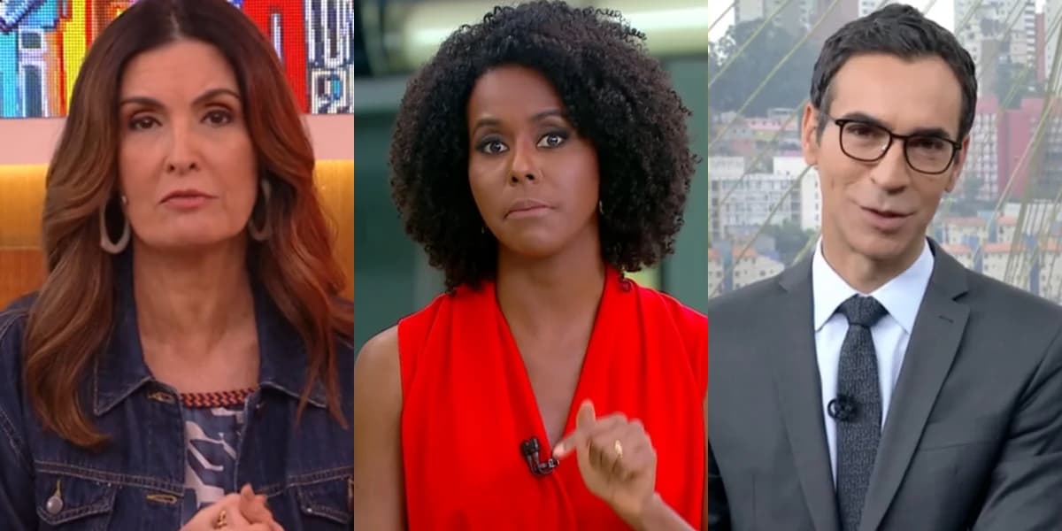 Fátima Bernardes no Encontro, Maju Coutinho no Jornal Hoje e Cesar Tralli no SP1; atrações tiveram queda de audiência (Foto: Reprodução/Globo) Fátima Bernardes no Encontro, Maju Coutinho no Jornal Hoje e Cesar Tralli no SP1; atrações tiveram queda de audiência (Foto: Reprodução/Globo)