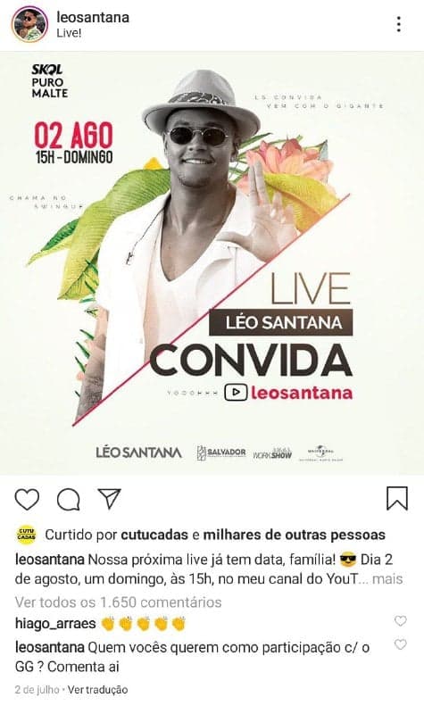 Léo Santana mudou o horário da apresentação três vezes depois que descobriu o horário da live de Gusttavo Lima (Foto: Reprodução/ Instagram) Léo Santana mudou o horário da apresentação três vezes depois que descobriu o horário da live de Gusttavo Lima (Foto: Reprodução/ Instagram)