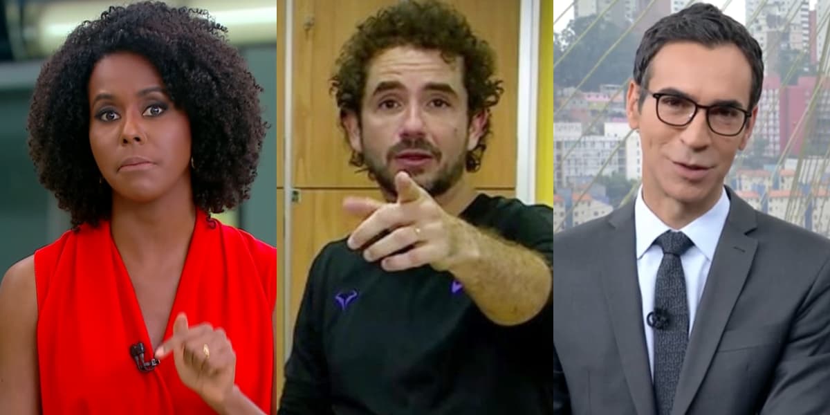 Maju Coutinho no Jornal Hoje, Felipe Andreoli no Globo Esporte e Cesar Tralli no SP1; esportivo teve mais audiência que telejornais (Foto: Reprodução/Globo) Maju Coutinho no Jornal Hoje, Felipe Andreoli no Globo Esporte e Cesar Tralli no SP1; esportivo teve mais audiência que telejornais (Foto: Reprodução/Globo)