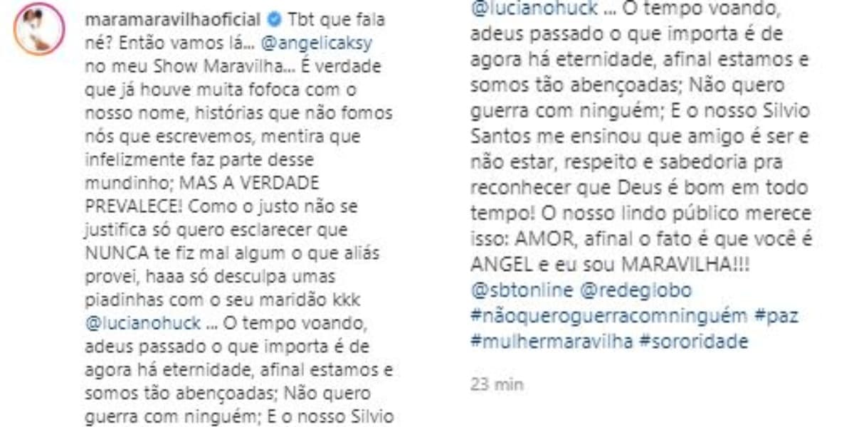 Mara Maravilha falou sobre amizade com Angélica (Foto: Reprodução/Instagram) Mara Maravilha falou sobre amizade com Angélica (Foto: Reprodução/Instagram)