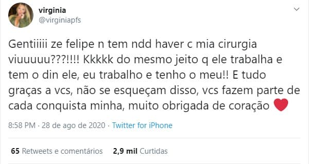 Virgínia negou história envolvendo dinheiro de Zé Felipe (Foto: Reprodução/ Twitter) Virgínia negou história envolvendo dinheiro de Zé Felipe (Foto: Reprodução/ Twitter)
