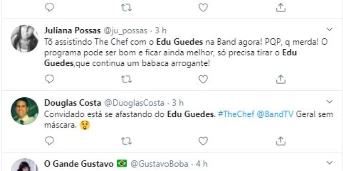 Público reagiu ao "The Chef", programa de Edu Guedes (Foto: Reprodução/Twitter) Público reagiu ao "The Chef", programa de Edu Guedes (Foto: Reprodução/Twitter)