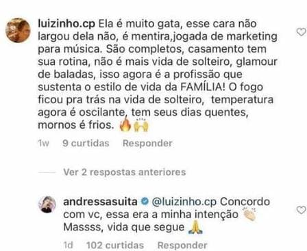 Andressa Suita concordou com um comentário feito por internauta de plantão (Foto: Reprodução) Andressa Suita concordou com um comentário feito por internauta de plantão (Foto: Reprodução)