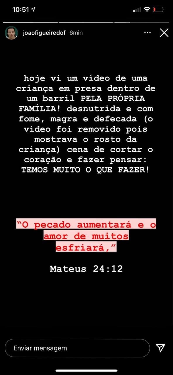 João Figueiredo, namorado de Sasha, demonstra indignação em post (Reprodução) João Figueiredo, namorado de Sasha, demonstra indignação em post (Reprodução)