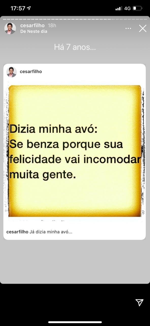 César Filho compartilhou segredo com os fãs (Foto: Reprodução/Instagram) César Filho compartilhou segredo com os fãs (Foto: Reprodução/Instagram)
