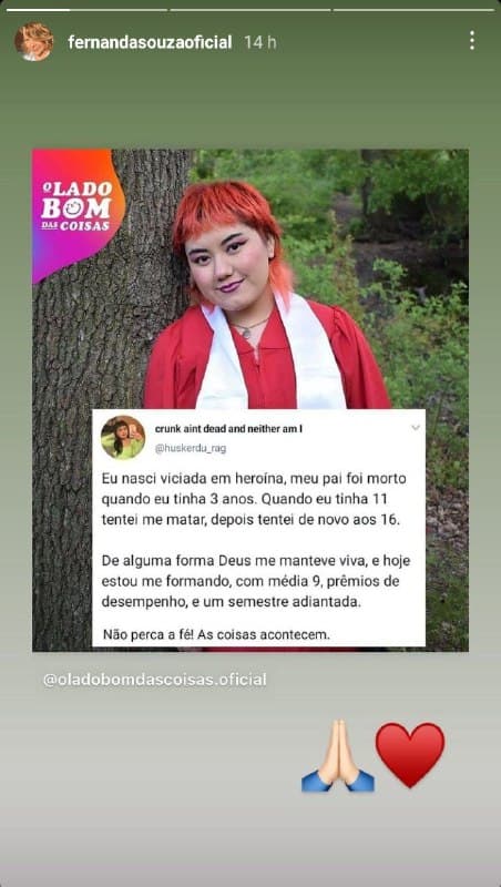 Fernanda Souza compartilhou história de superação de uma mulher (Foto: Reprodução) Fernanda Souza compartilhou história de superação de uma mulher (Foto: Reprodução)