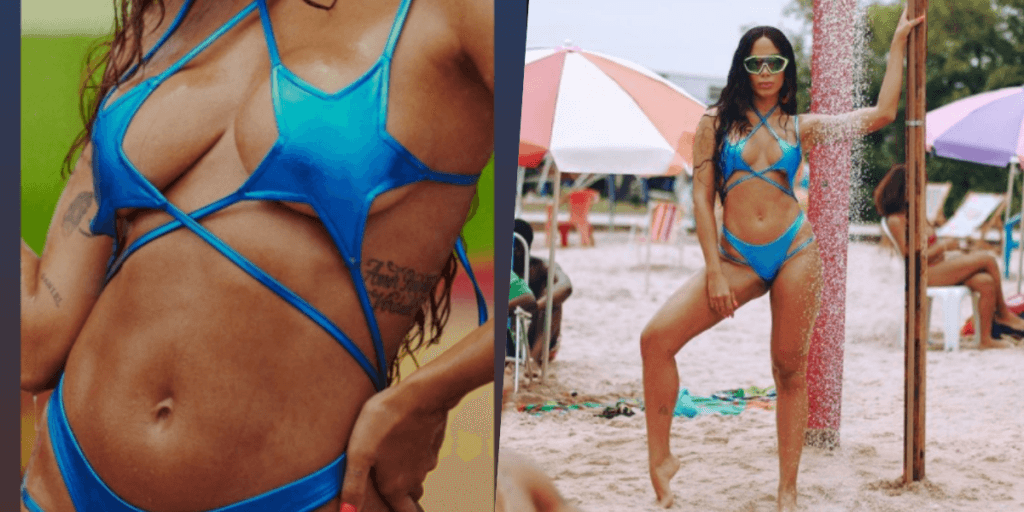 Anitta mostrou biquini azul utilizado em clipe, mas público só focalizou nos dotes bem servidos da cantora (Foto reprodução) Anitta mostrou biquini azul utilizado em clipe, mas público só focalizou nos dotes bem servidos da cantora (Foto reprodução)