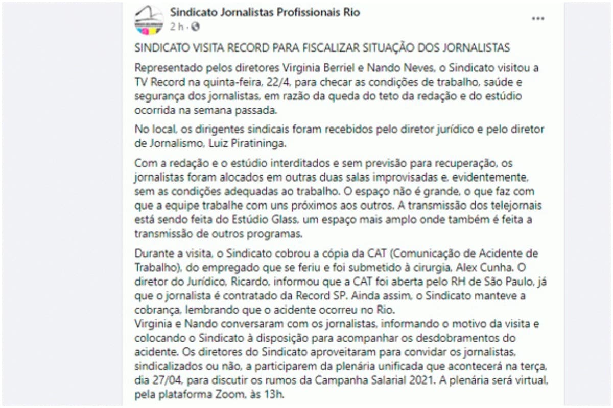 Sindicatos dos Jornalistas do Rio de Janeiro faz vistoria em sede da Record TV Rio (Foto: Reprodução) Sindicatos dos Jornalistas do Rio de Janeiro faz vistoria em sede da Record TV Rio (Foto: Reprodução)
