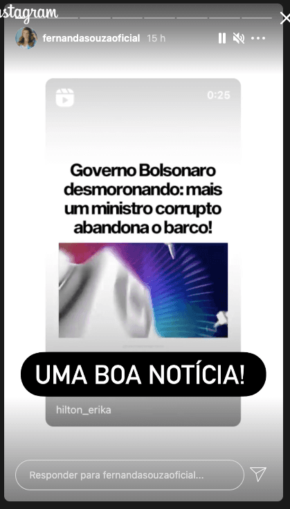 Fernanda Souza expõe opinião política - Reprodução Fernanda Souza expõe opinião política - Reprodução